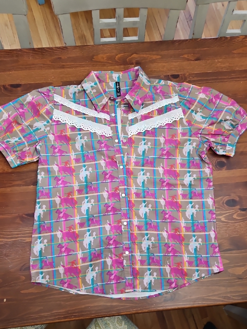 Women's Short Sleeve Western Plaid Shirt with Lace Yoke - Multicolor